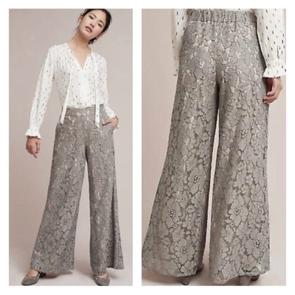 Feather Bone Anthropologie Gray Floral Lace Wide Leg Pull-On Pants Size XS